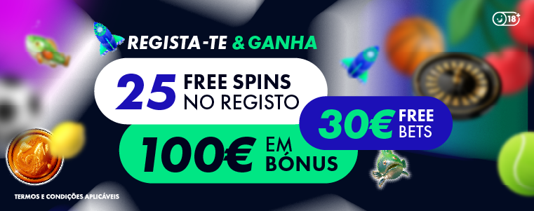Oferta de 25 Free Spins em Slot Machines Online, 100€ em bónus de casino e 30€ em free bets em desporto.